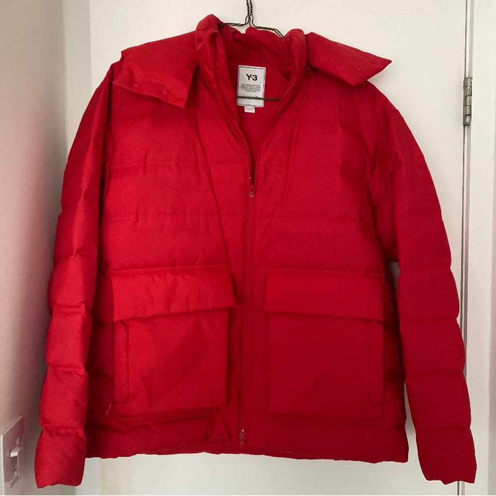 Red hooded Y-3 Yohji Yamamoto Adidas puffer jacket